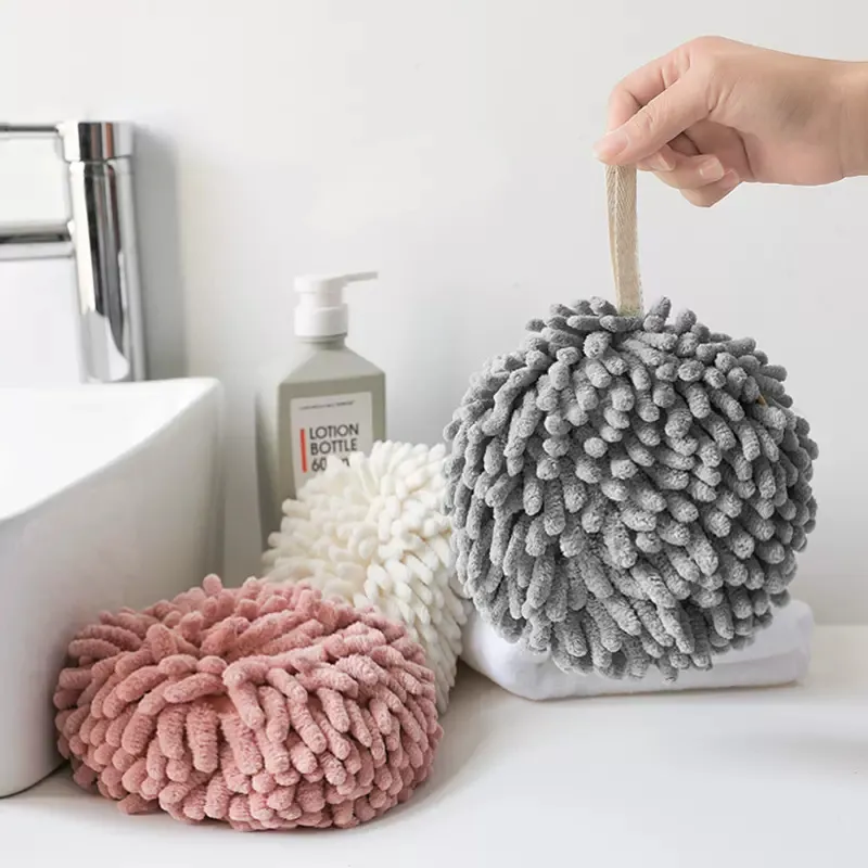 Extra Thick Chenille Hanging Towel Ball for Kitchen & Bathroom – Super Absorbent Quick-Dry Hand Towel, Soft Fluffy Washcloth with Hook, Multi-Purpose Drying Cloth for Home